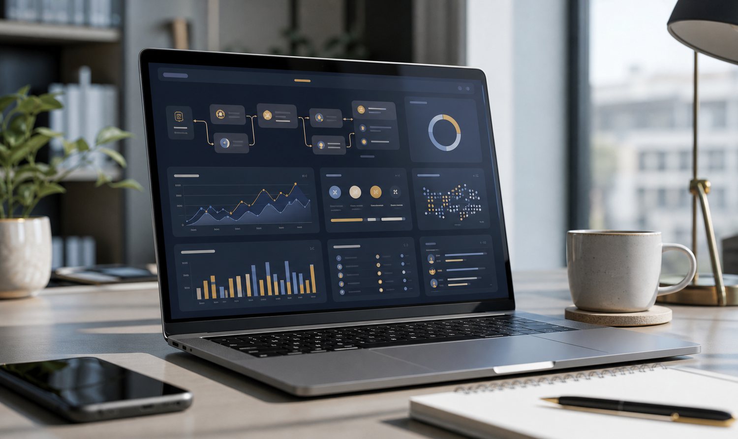 Minimalist business AI automation dashboard on a laptop in a refined office workspace.