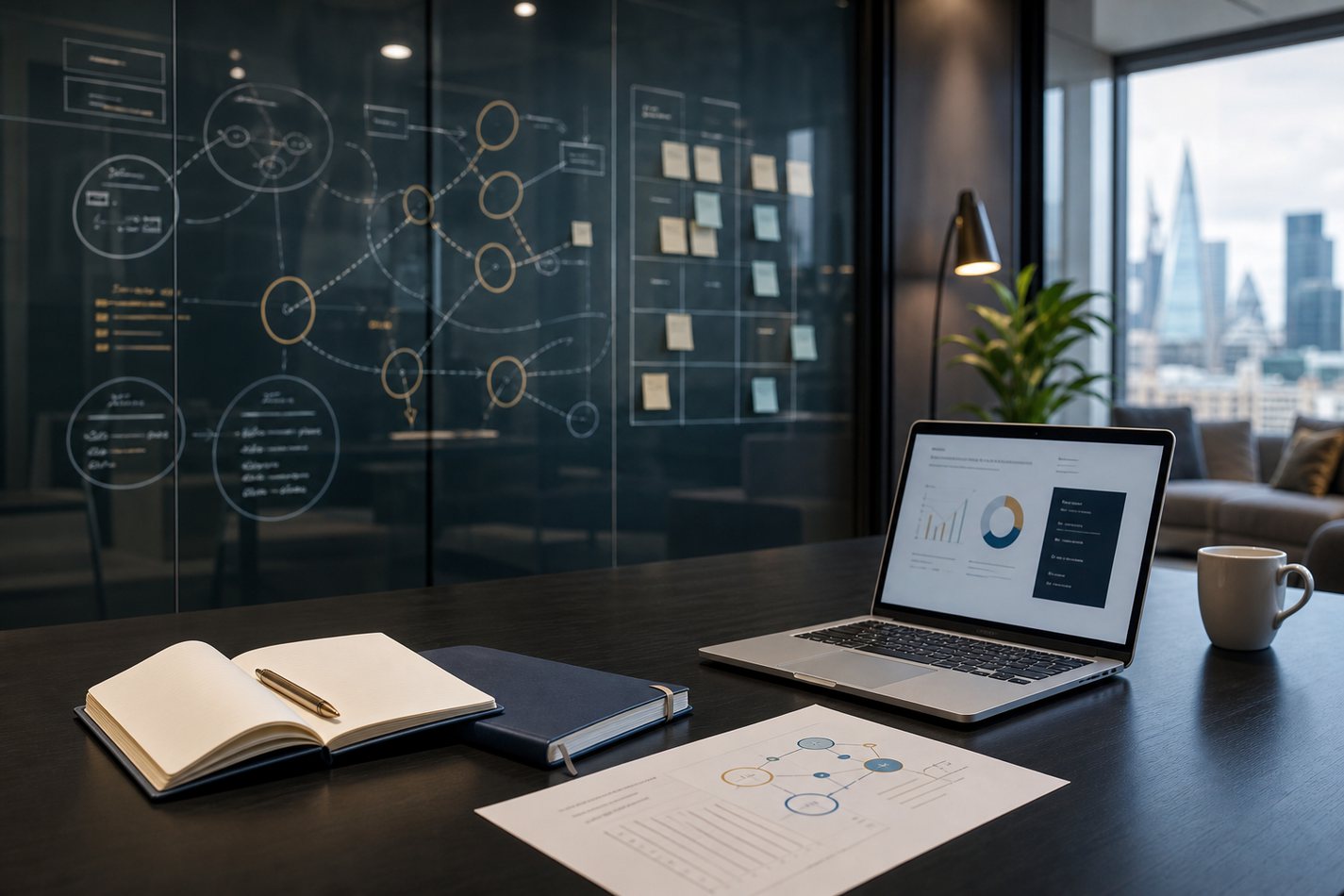 B2B market access planning workspace with abstract market map on glass and laptop in London office.