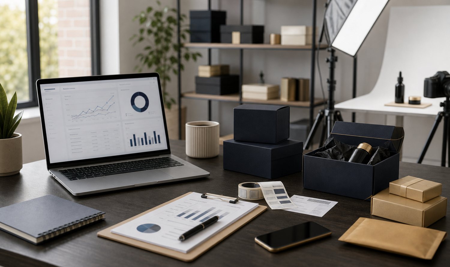E-commerce growth workspace with product packaging, analytics dashboard and product photography setup.