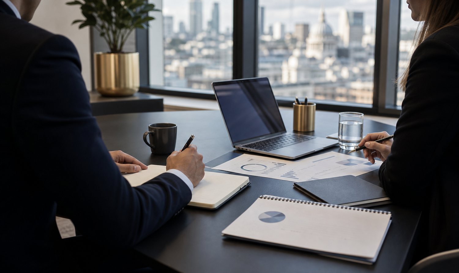 Premium London office strategy audit workspace with laptop, charts and calm consultancy atmosphere.