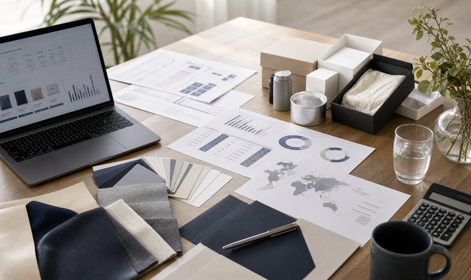 Supplier sourcing workspace with material samples, product packaging, laptop and comparison sheets.